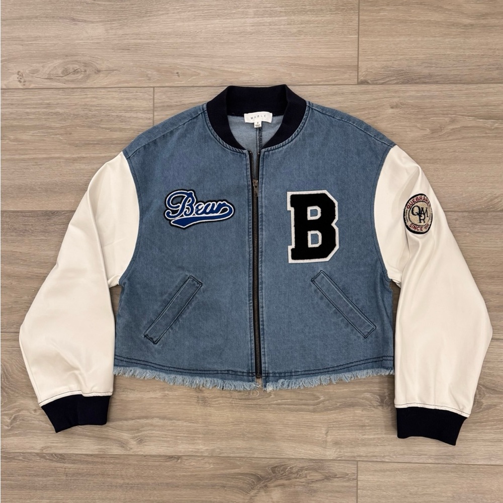 MABLE Letterman Club College Varsity‎ Bomber Faux Leather Jacket w/Patches $130